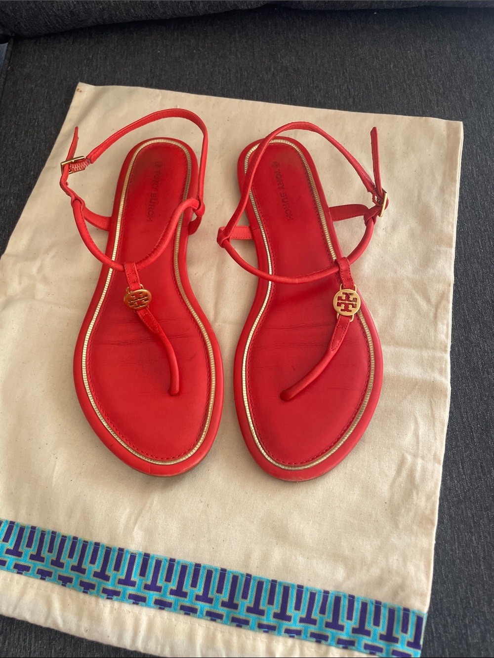 Tory Burch Emmy sandals bright red leather metal logo 7